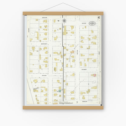 Old map wall art mockup — magnetic wood frame on white wall — Sanborn Fire Insurance Map from Fremont, Newaygo County, Michigan (1899), Sheet #0004