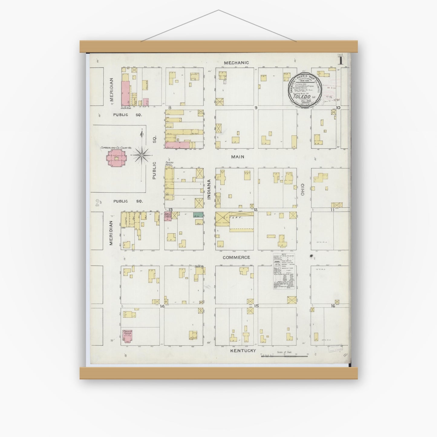 Old map wall art mockup — magnetic wood frame on white wall — Sanborn Fire Insurance Map from Toledo, Cumberland County, Illinois (1893) - Complete Map Set