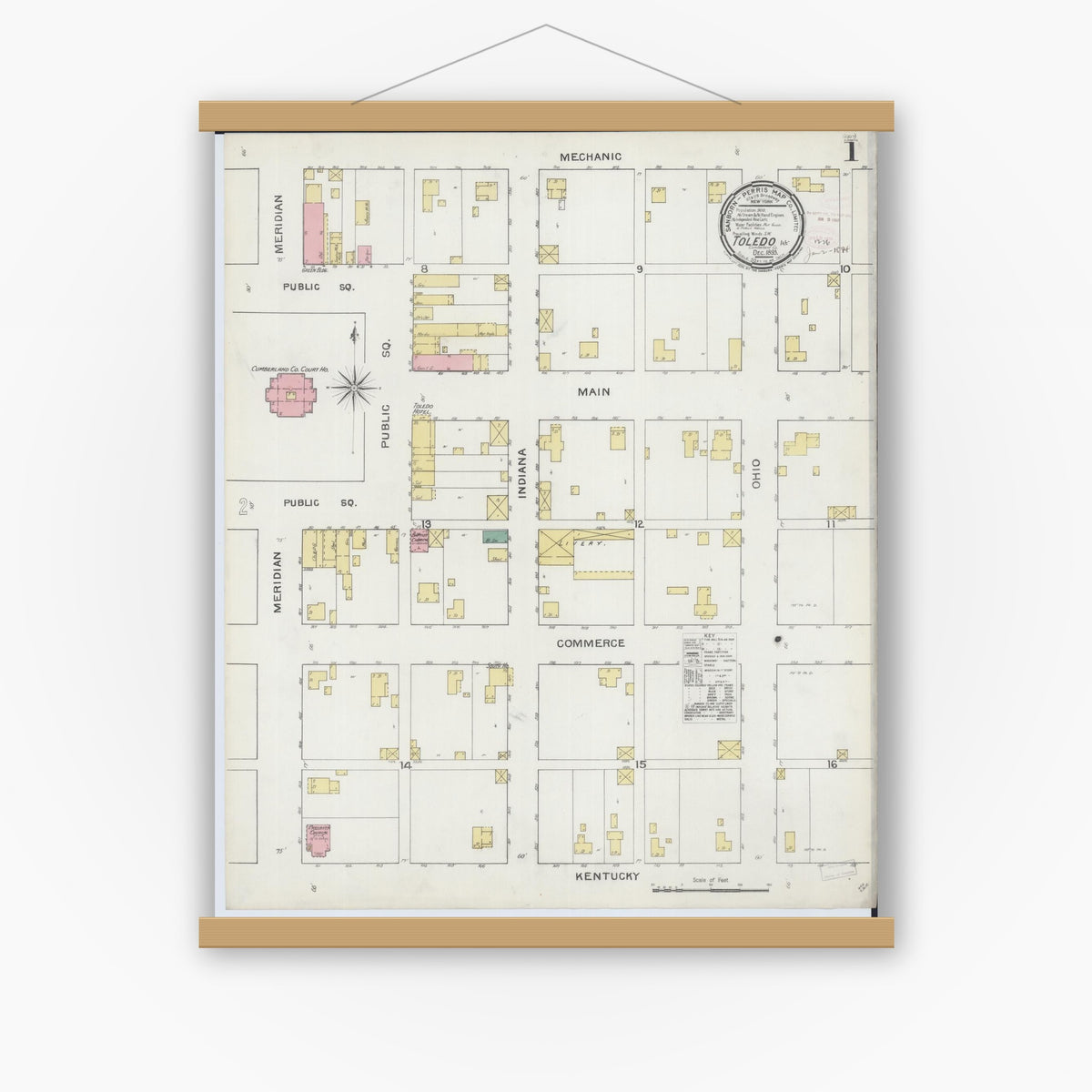 Old map wall art mockup — magnetic wood frame on white wall — Sanborn Fire Insurance Map from Toledo, Cumberland County, Illinois (1893) - Complete Map Set