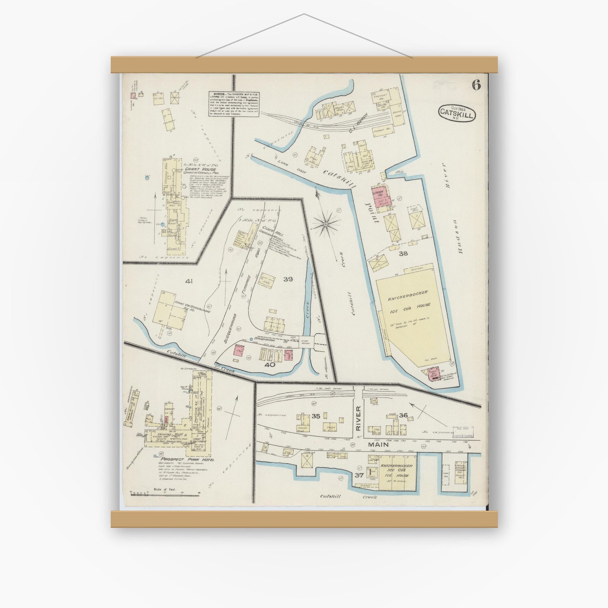 Old map wall art mockup — magnetic wood frame on white wall — Sanborn Fire Insurance Map from Catskill, Greene County, New York (1884), Sheet #0006