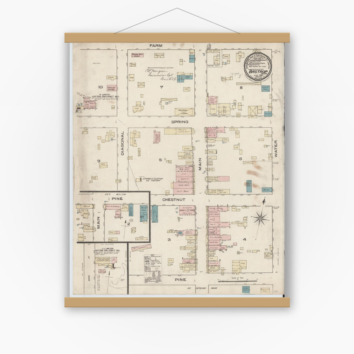 Old map wall art mockup — magnetic wood frame on white wall — Sanborn Fire Insurance Map from Bastrop, Bastrop County, Texas (1885), Sheet #0001
