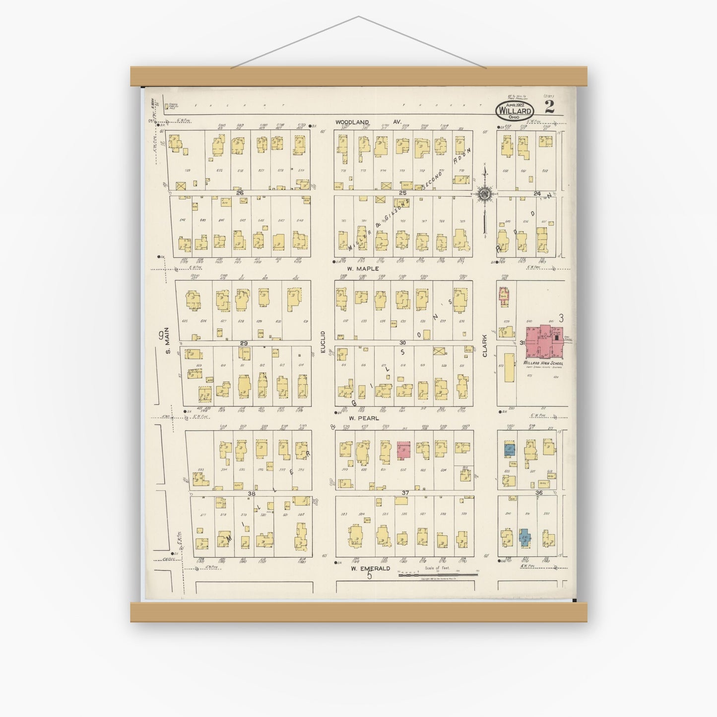 Old map wall art mockup — magnetic wood frame on white wall — Sanborn Fire Insurance Map from Willard, Huron County, Ohio (1922), Sheet #0002