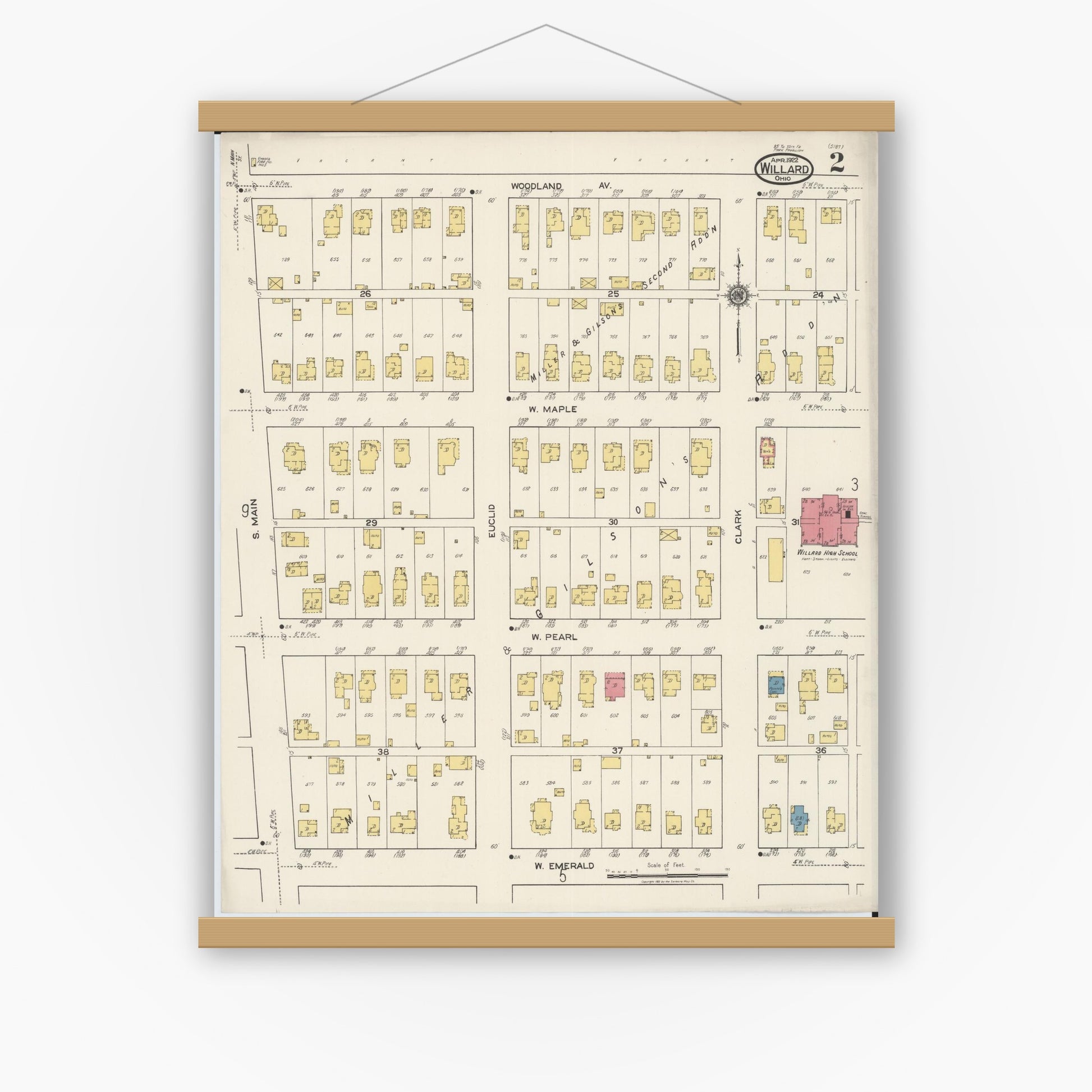 Old map wall art mockup — magnetic wood frame on white wall — Sanborn Fire Insurance Map from Willard, Huron County, Ohio (1922), Sheet #0002