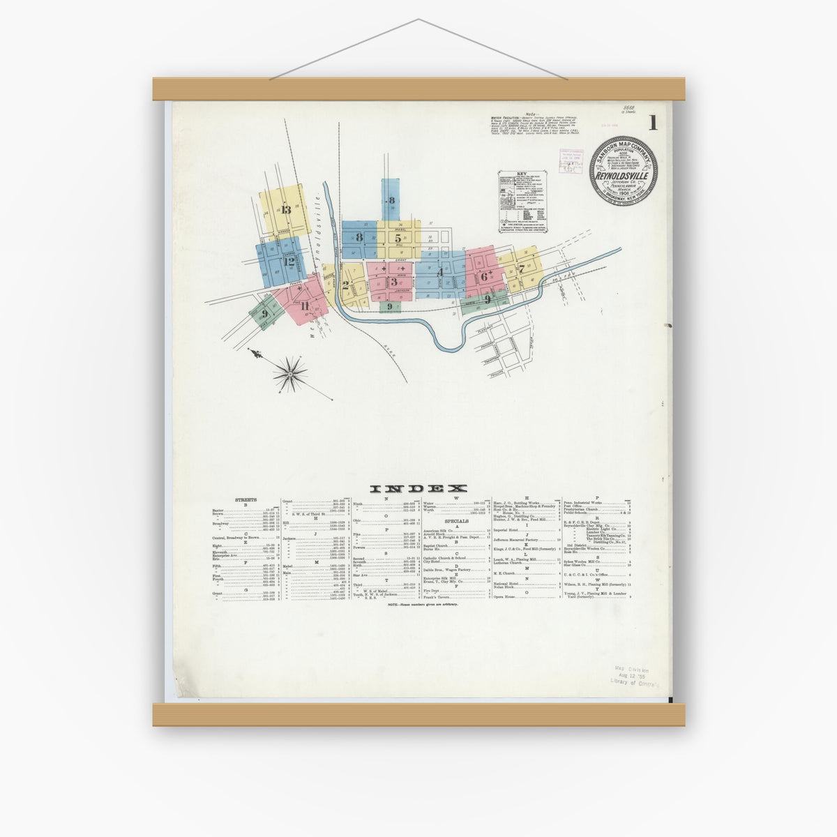 Old map wall art mockup — magnetic wood frame on white wall — Sanborn Fire Insurance Map from Reynoldsville, Jefferson County, Pennsylvania (1906) - Complete Map Set