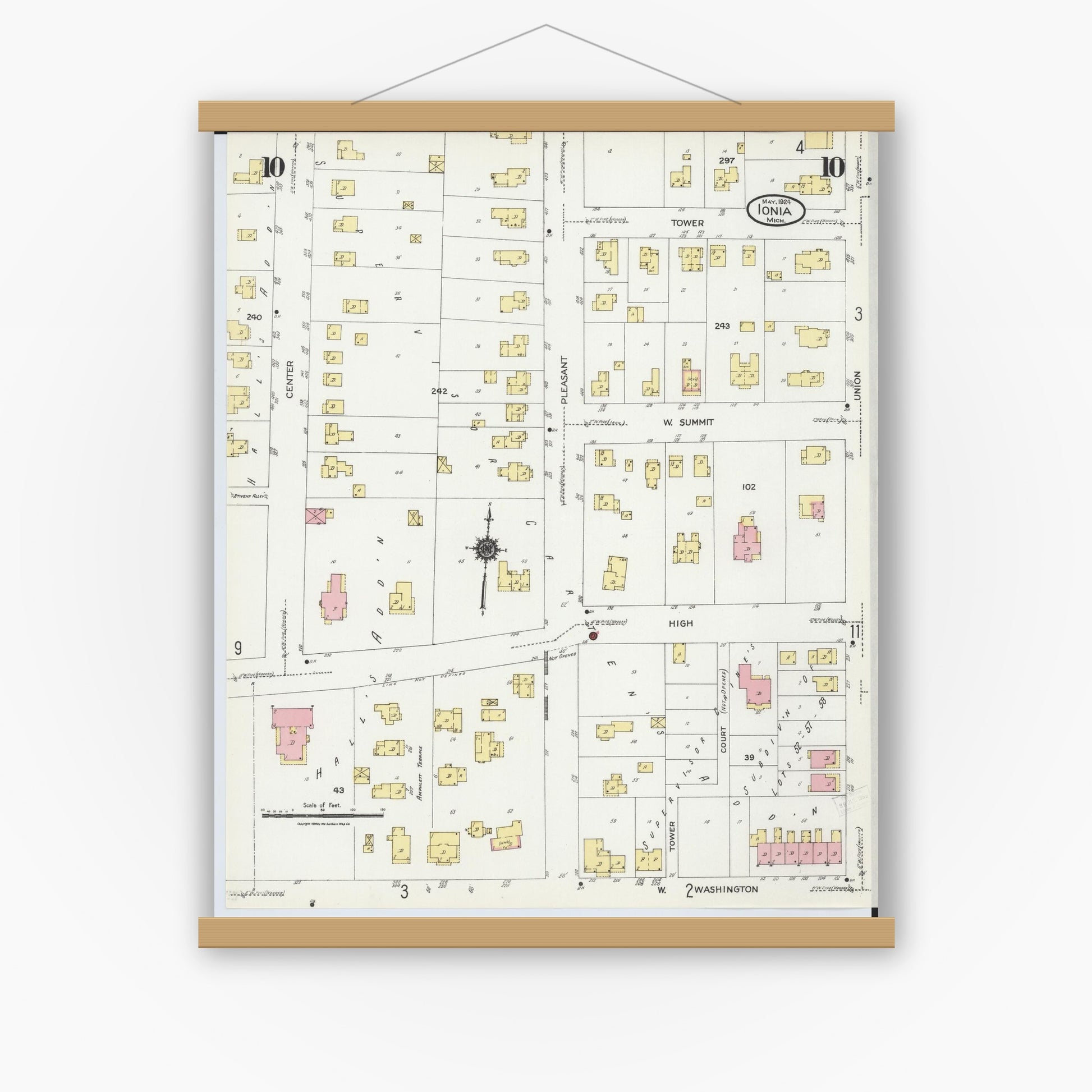 Old map wall art mockup — magnetic wood frame on white wall — Sanborn Fire Insurance Map from Ionia, Ionia County, Michigan (1924), Sheet #0010
