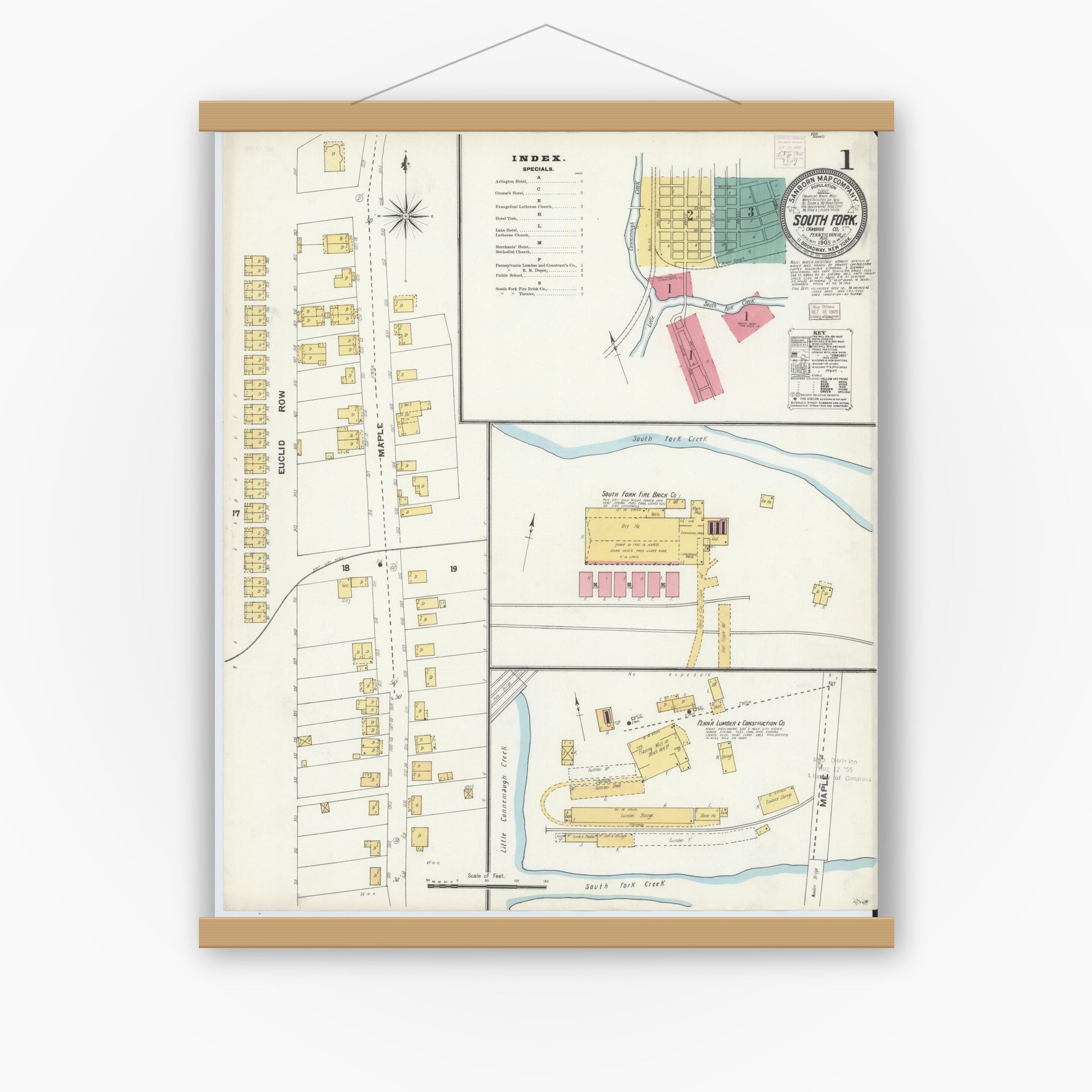 Old map wall art mockup — magnetic wood frame on white wall — Sanborn Fire Insurance Map from South Fork, Cambria County, Pennsylvania (1905) - Complete Map Set