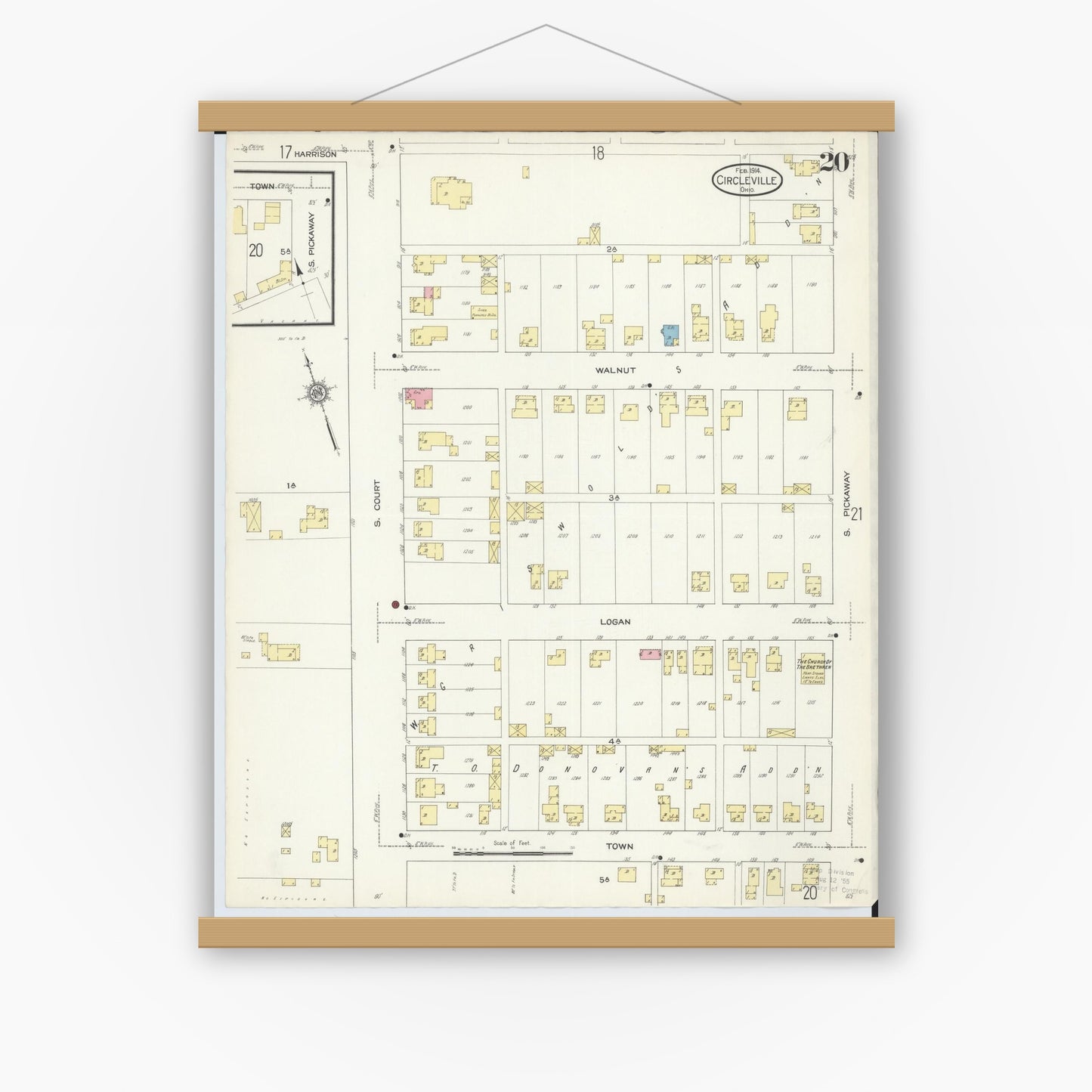 Old map wall art mockup — magnetic wood frame on white wall — Sanborn Fire Insurance Map from Circleville, Pickaway County, Ohio (1914), Sheet #0020
