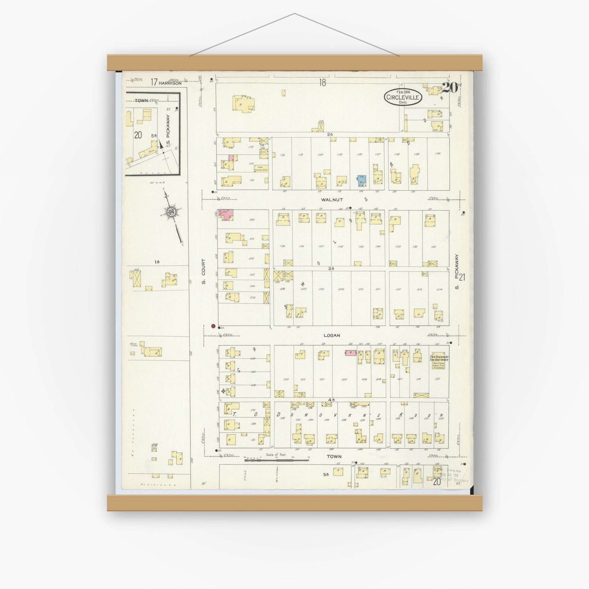 Old map wall art mockup — magnetic wood frame on white wall — Sanborn Fire Insurance Map from Circleville, Pickaway County, Ohio (1914), Sheet #0020