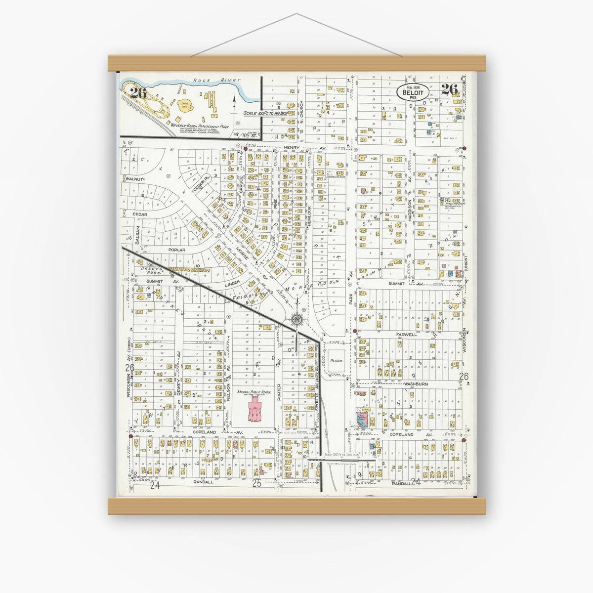 Old map wall art mockup — magnetic wood frame on white wall — Sanborn Fire Insurance Map from Beloit, Rock County, Wisconsin (1926), Sheet #0026