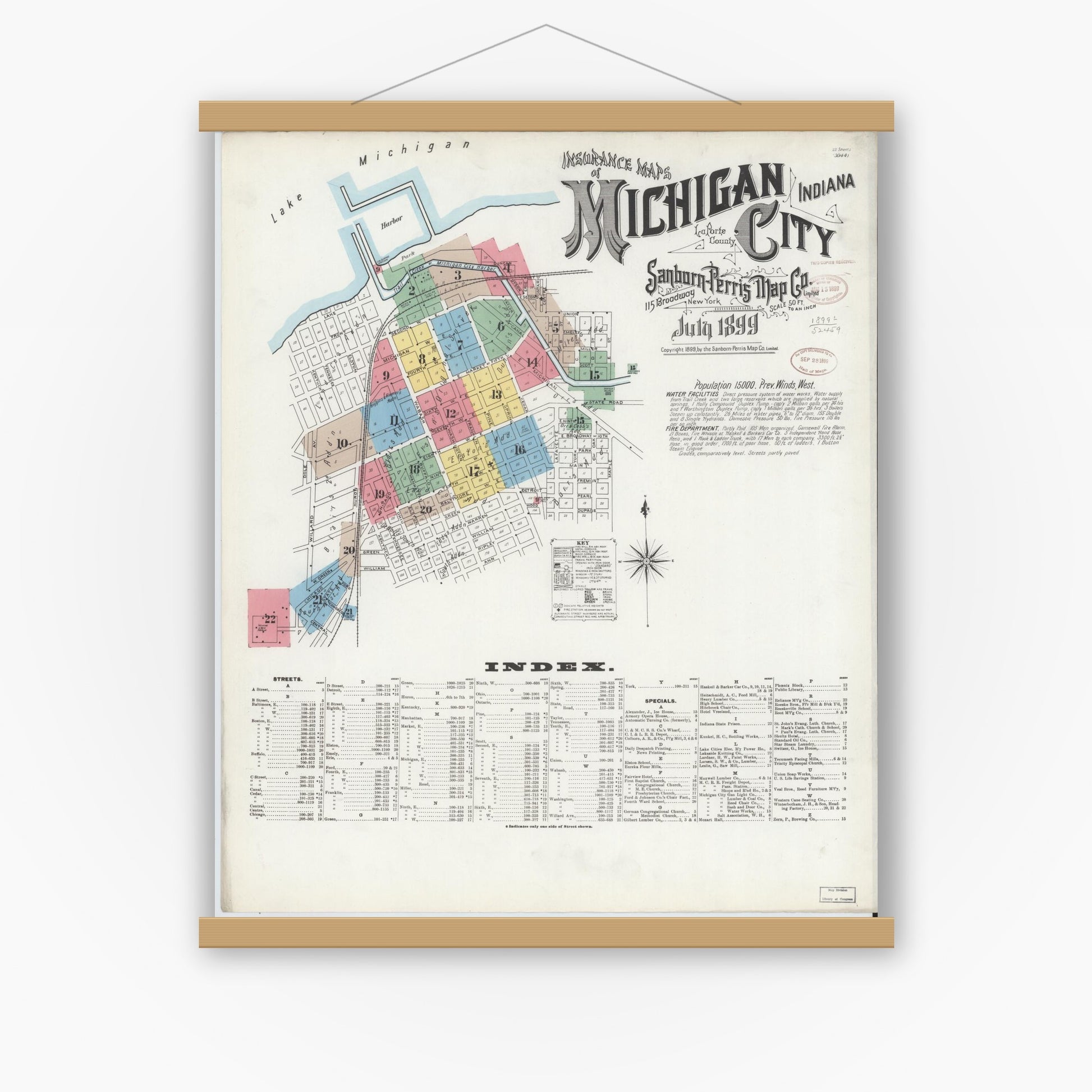 Old map wall art mockup — magnetic wood frame on white wall — Sanborn Fire Insurance Map from Michigan City, La Porte County, Indiana (1899) - Complete Map Set