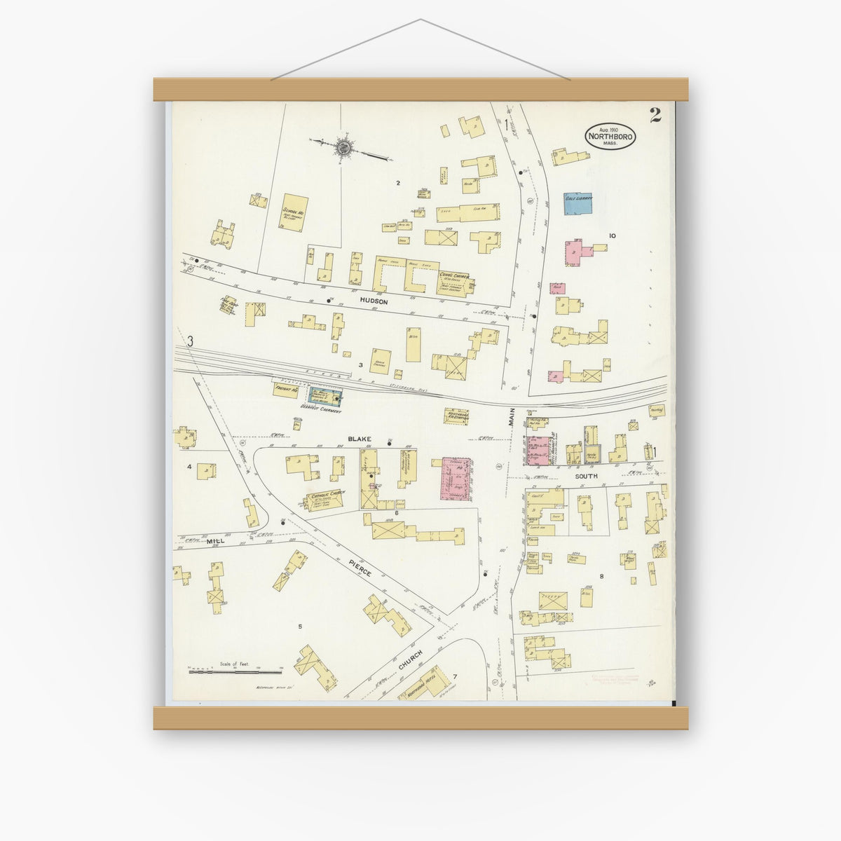 Old map wall art mockup — magnetic wood frame on white wall — Sanborn Fire Insurance Map from Northboro, Worcester County, Massachusetts (1910), Sheet #0002