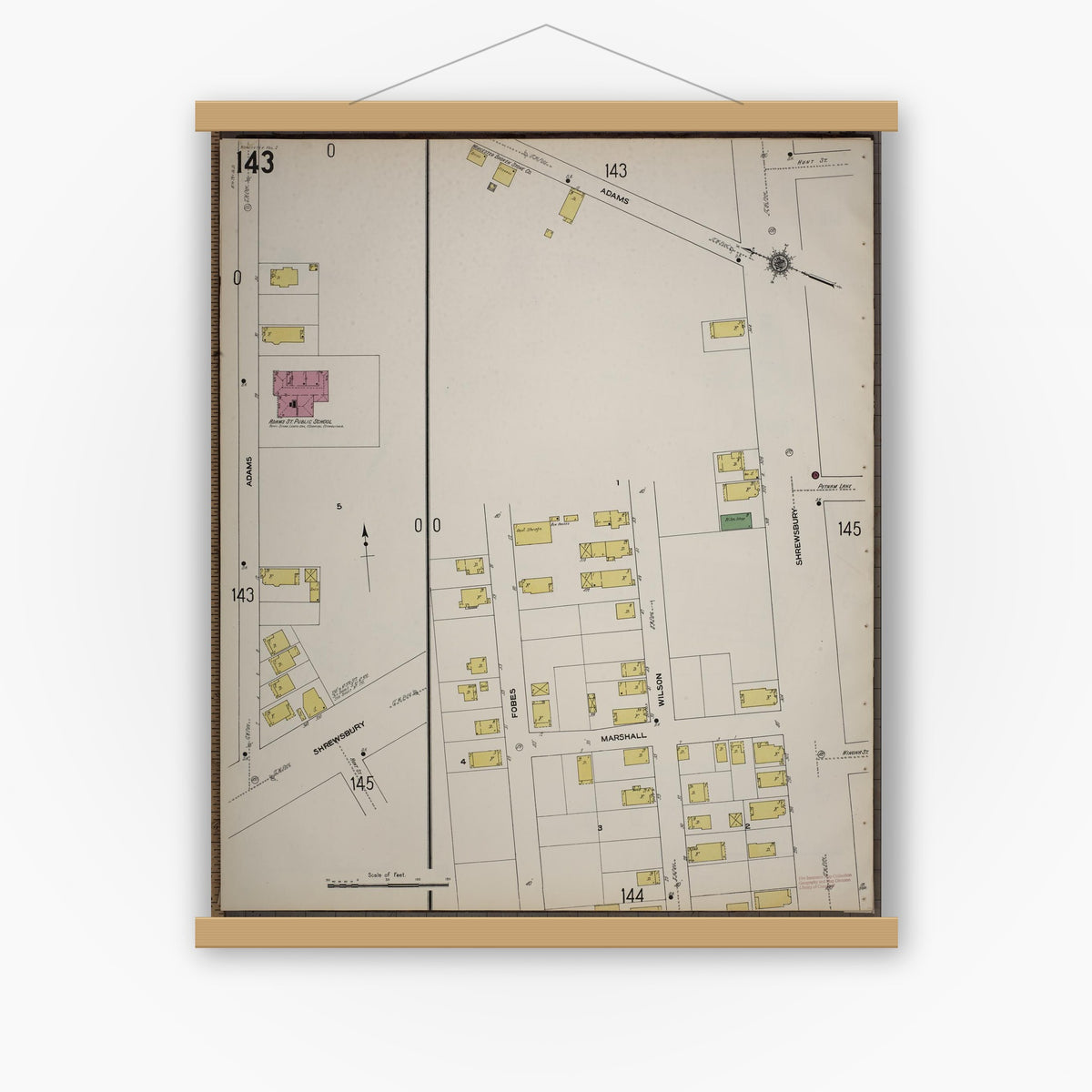 Old map wall art mockup — magnetic wood frame on white wall — Sanborn Fire Insurance Map from Worcester, Worcester County, Massachusetts (1910), Sheet #0143