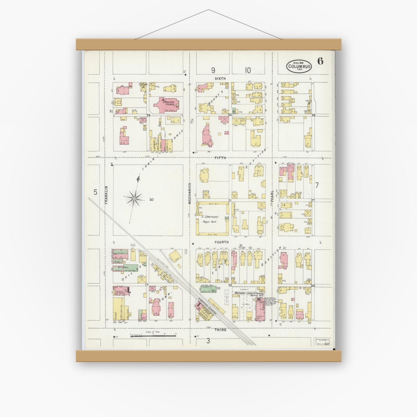 Old map wall art mockup — magnetic wood frame on white wall — Sanborn Fire Insurance Map from Columbus, Bartholomew County, Indiana (1898), Sheet #0006