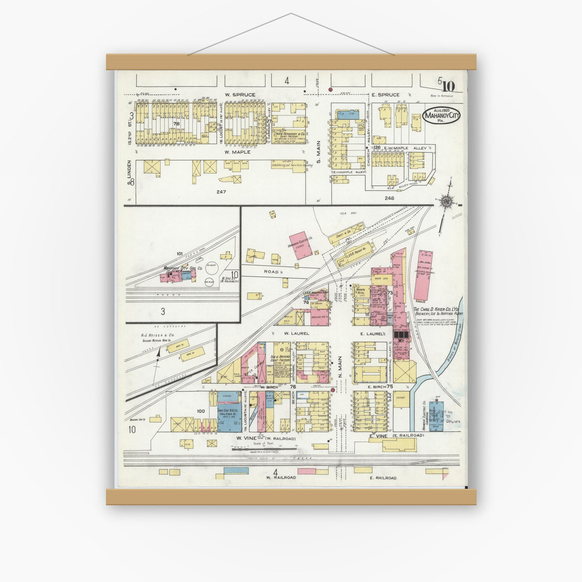 Old map wall art mockup — magnetic wood frame on white wall — Sanborn Fire Insurance Map from Mahanoy City, Schuylkill County, Pennsylvania (1920), Sheet #0010