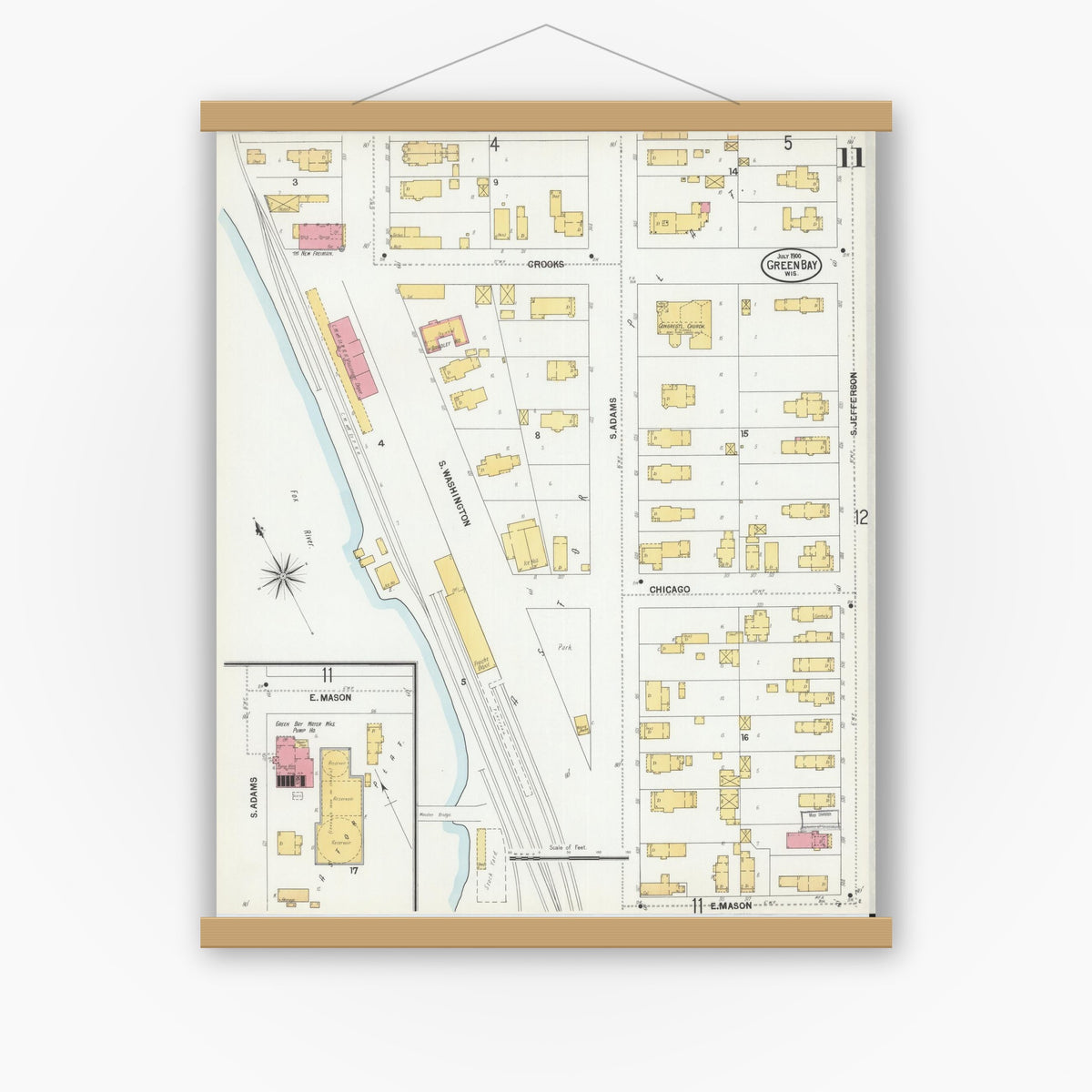 Old map wall art mockup — magnetic wood frame on white wall — Sanborn Fire Insurance Map from Green Bay, Brown County, Wisconsin (1900), Sheet #0011