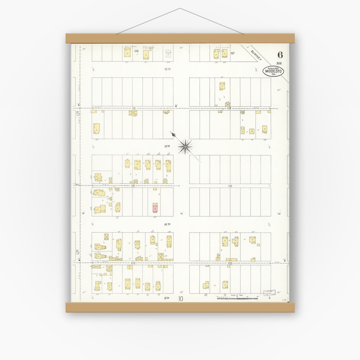 Old map wall art mockup — magnetic wood frame on white wall — Sanborn Fire Insurance Map from Modesto, Stanislaus County, California (1907), Sheet #0006