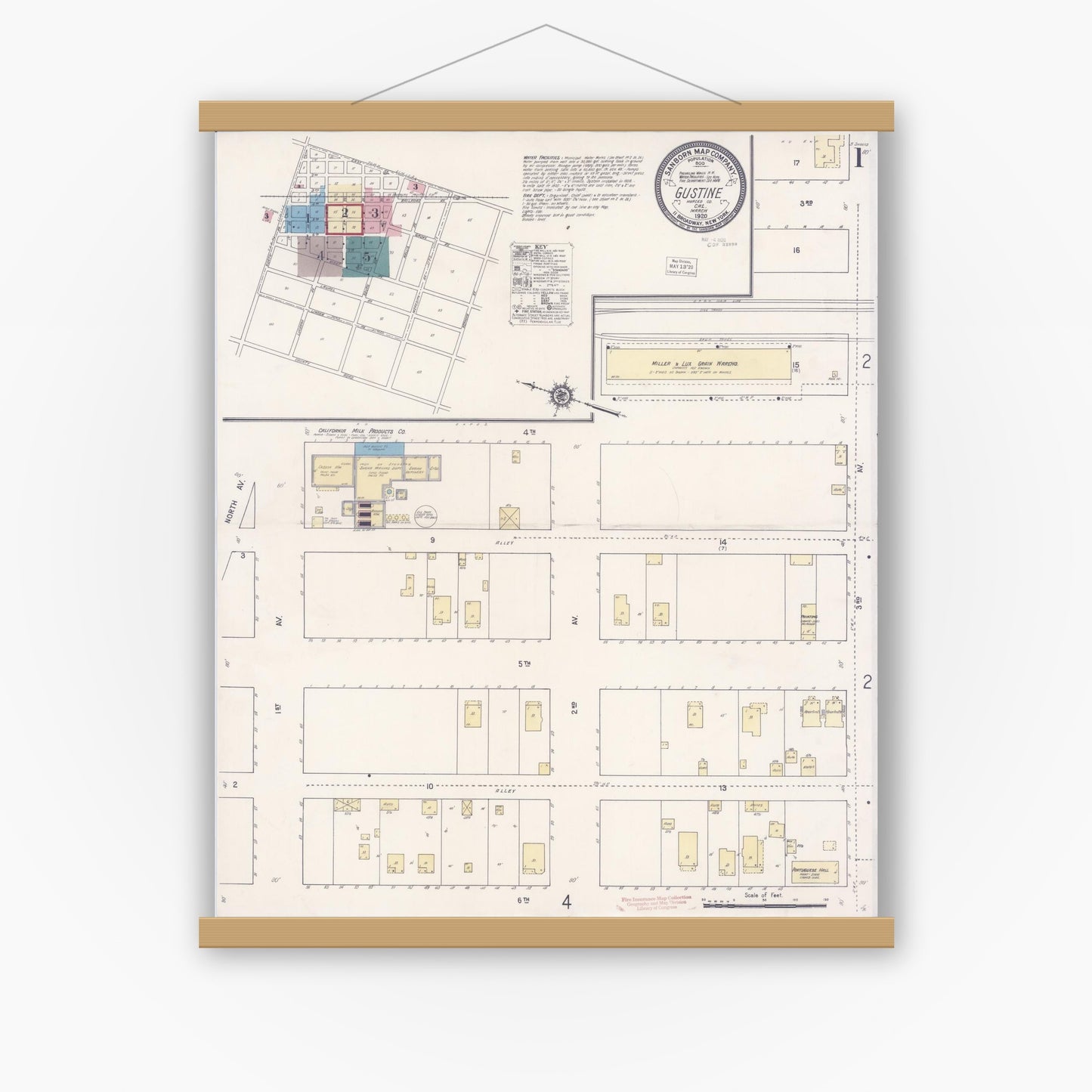 Old map wall art mockup — magnetic wood frame on white wall — Sanborn Fire Insurance Map from Gustine, Merced County, California (1920) - Complete Map Set