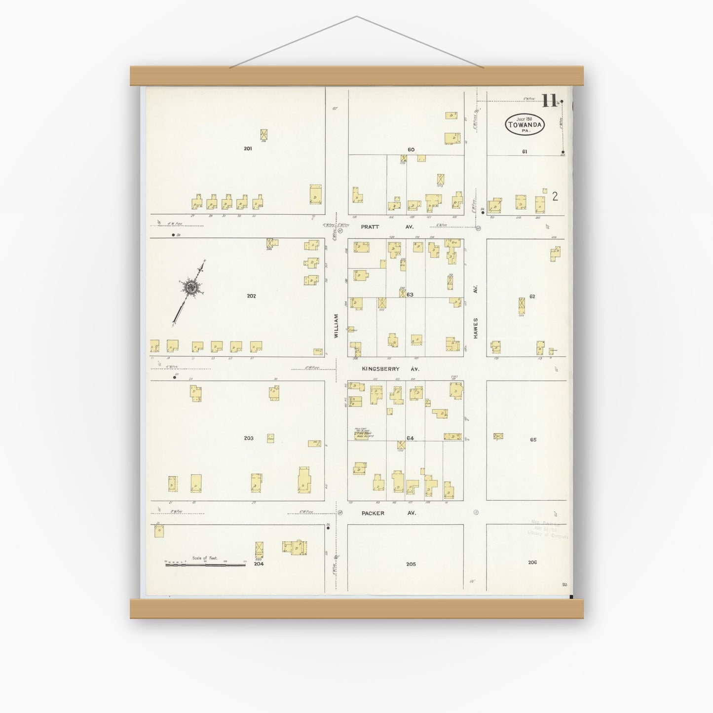 Old map wall art mockup — magnetic wood frame on white wall — Sanborn Fire Insurance Map from Towanda, Bradford County, Pennsylvania (1911), Sheet #0011