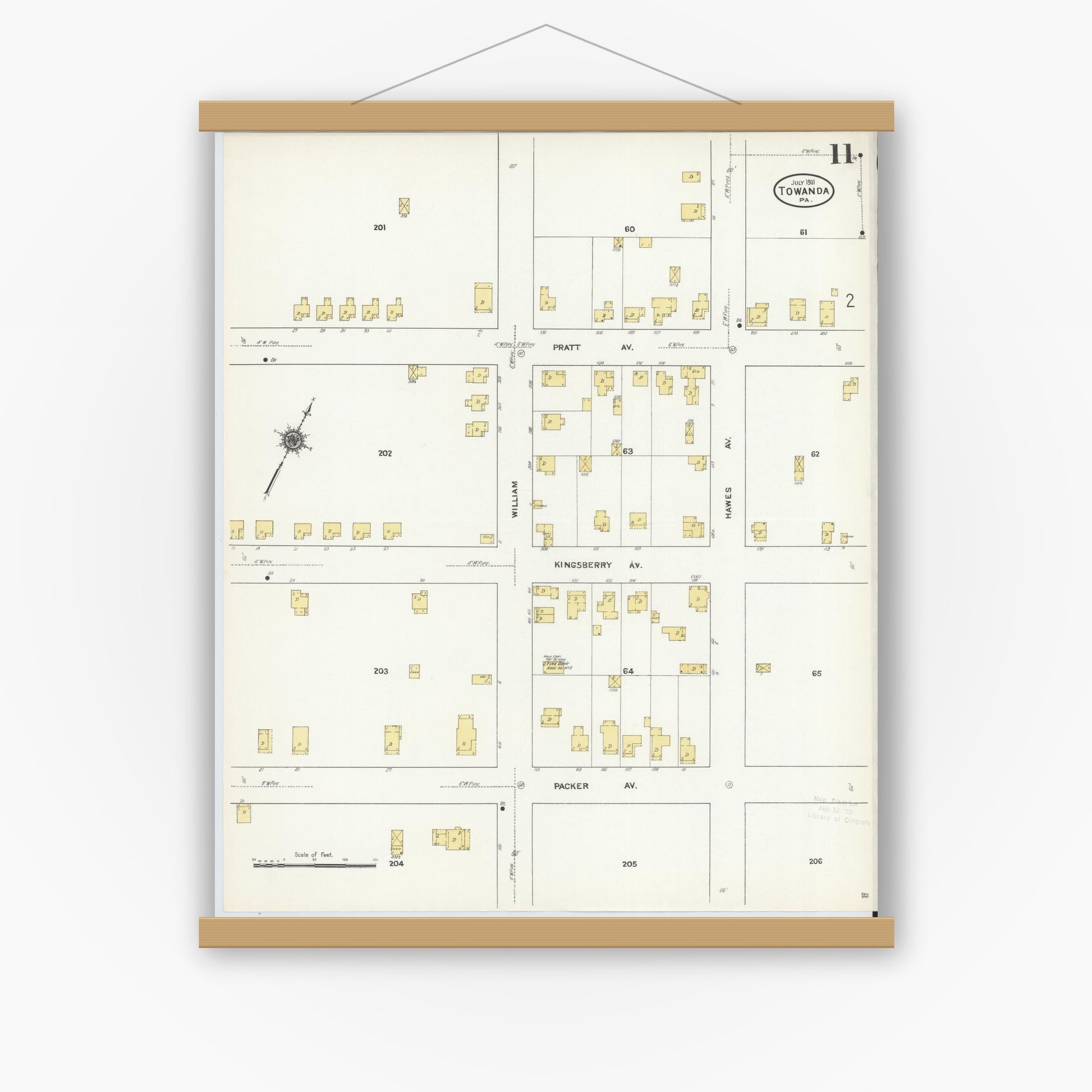 Old map wall art mockup — magnetic wood frame on white wall — Sanborn Fire Insurance Map from Towanda, Bradford County, Pennsylvania (1911), Sheet #0011