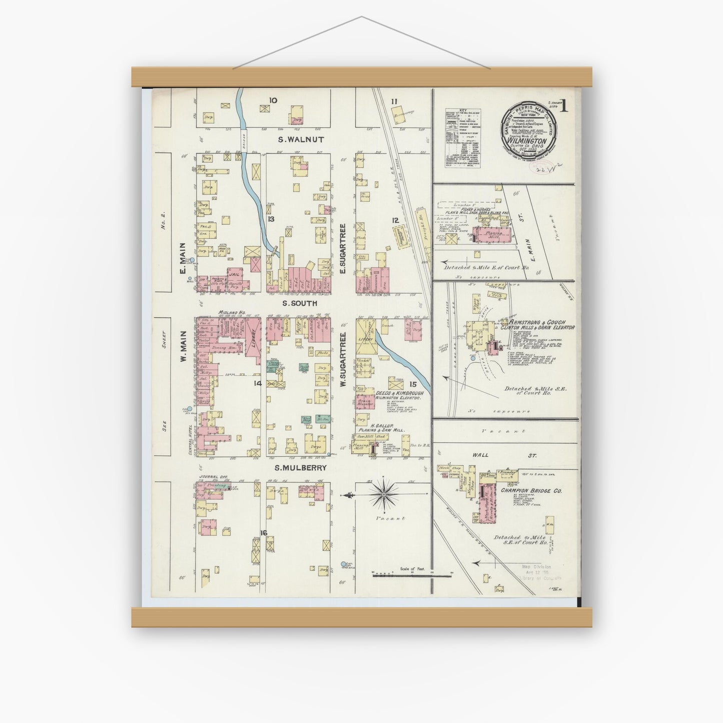 Old map wall art mockup — magnetic wood frame on white wall — Sanborn Fire Insurance Map from Wilmington, Clinton County, Ohio (1890), Sheet #0001