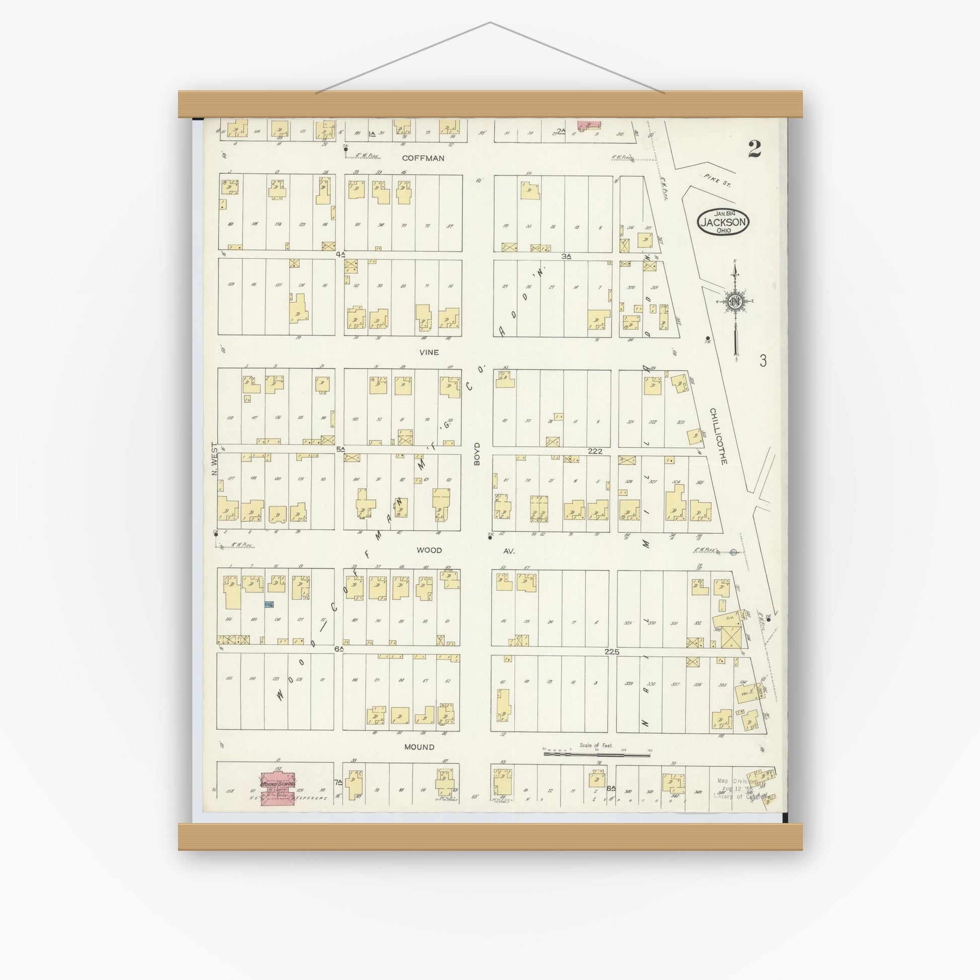 Old map wall art mockup — magnetic wood frame on white wall — Sanborn Fire Insurance Map from Jackson, Jackson County, Ohio (1914), Sheet #0002