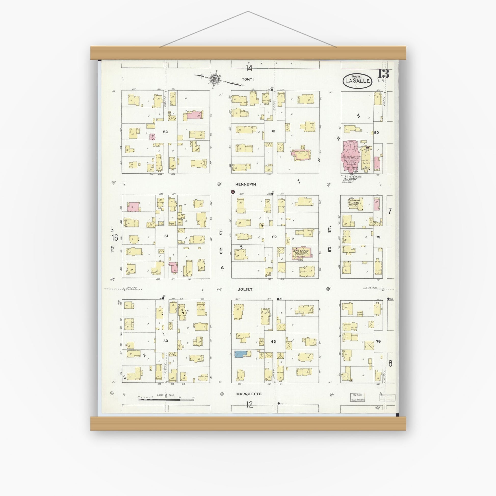 Old map wall art mockup — magnetic wood frame on white wall — Sanborn Fire Insurance Map from La Salle, La Salle County, Illinois (1911), Sheet #0013