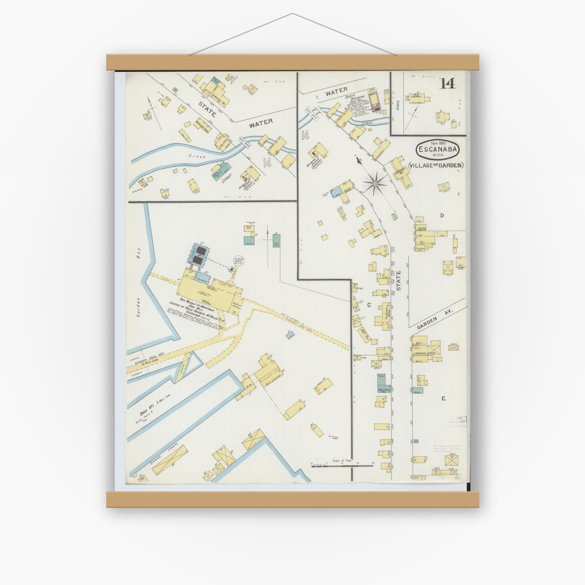 Old map wall art mockup — magnetic wood frame on white wall — Sanborn Fire Insurance Map from Escanaba, Delta County, Michigan (1893), Sheet #0014