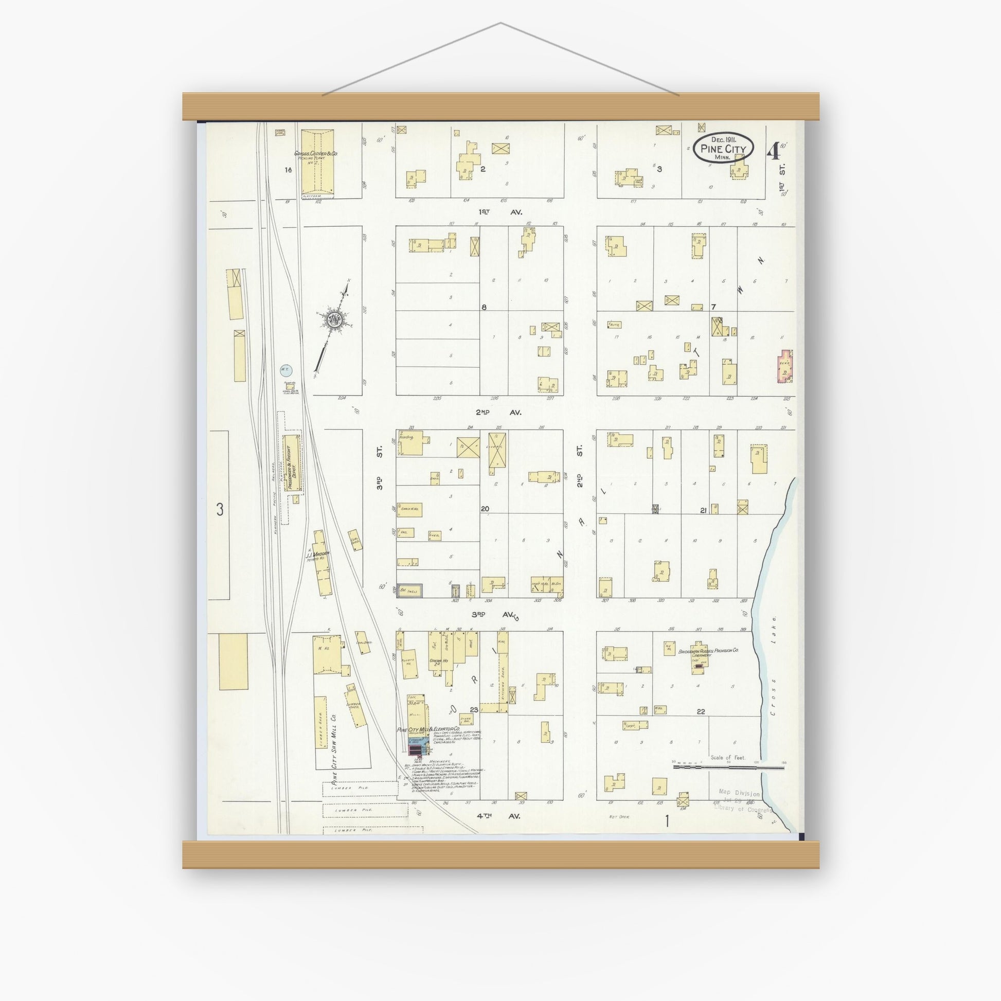 Old map wall art mockup — magnetic wood frame on white wall — Sanborn Fire Insurance Map from Pine City, Pine County, Minnesota (1911), Sheet #0004