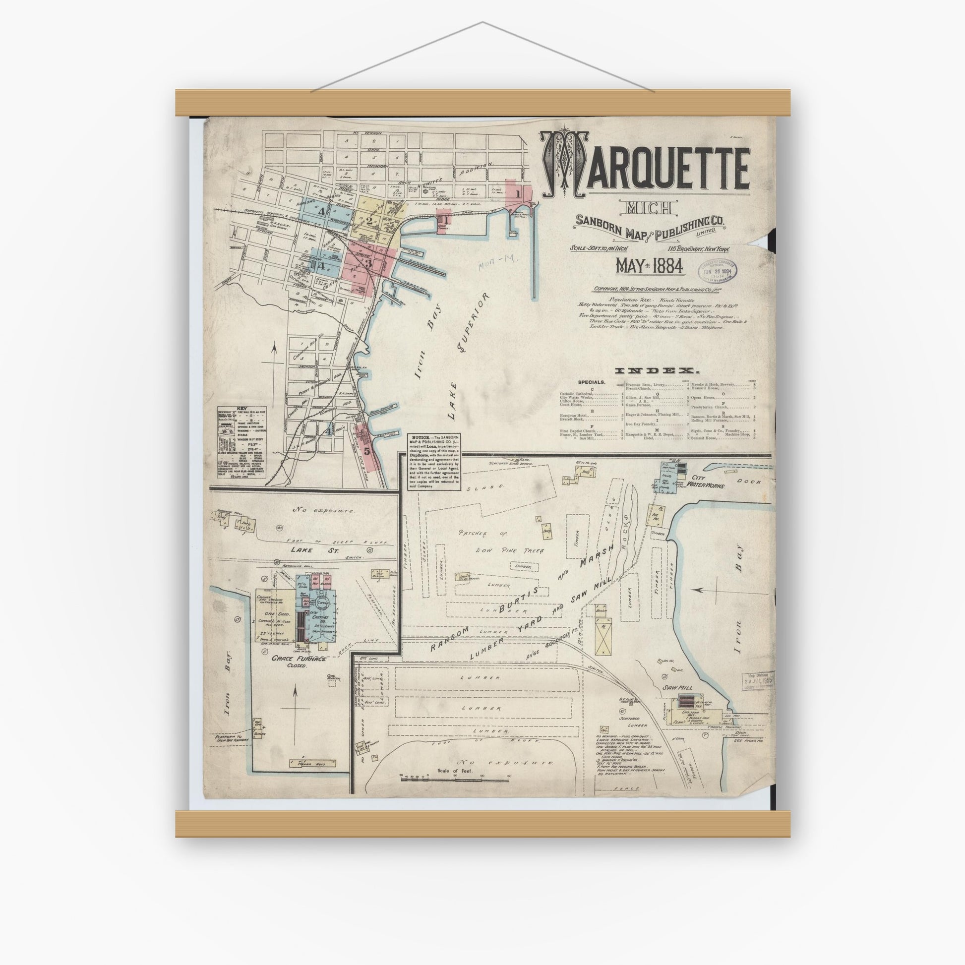Old map wall art mockup — magnetic wood frame on white wall — Sanborn Fire Insurance Map from Marquette, Marquette County, Michigan (1884) - Complete Map Set