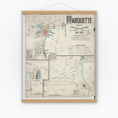 Old map wall art mockup — magnetic wood frame on white wall — Sanborn Fire Insurance Map from Marquette, Marquette County, Michigan (1884) - Complete Map Set
