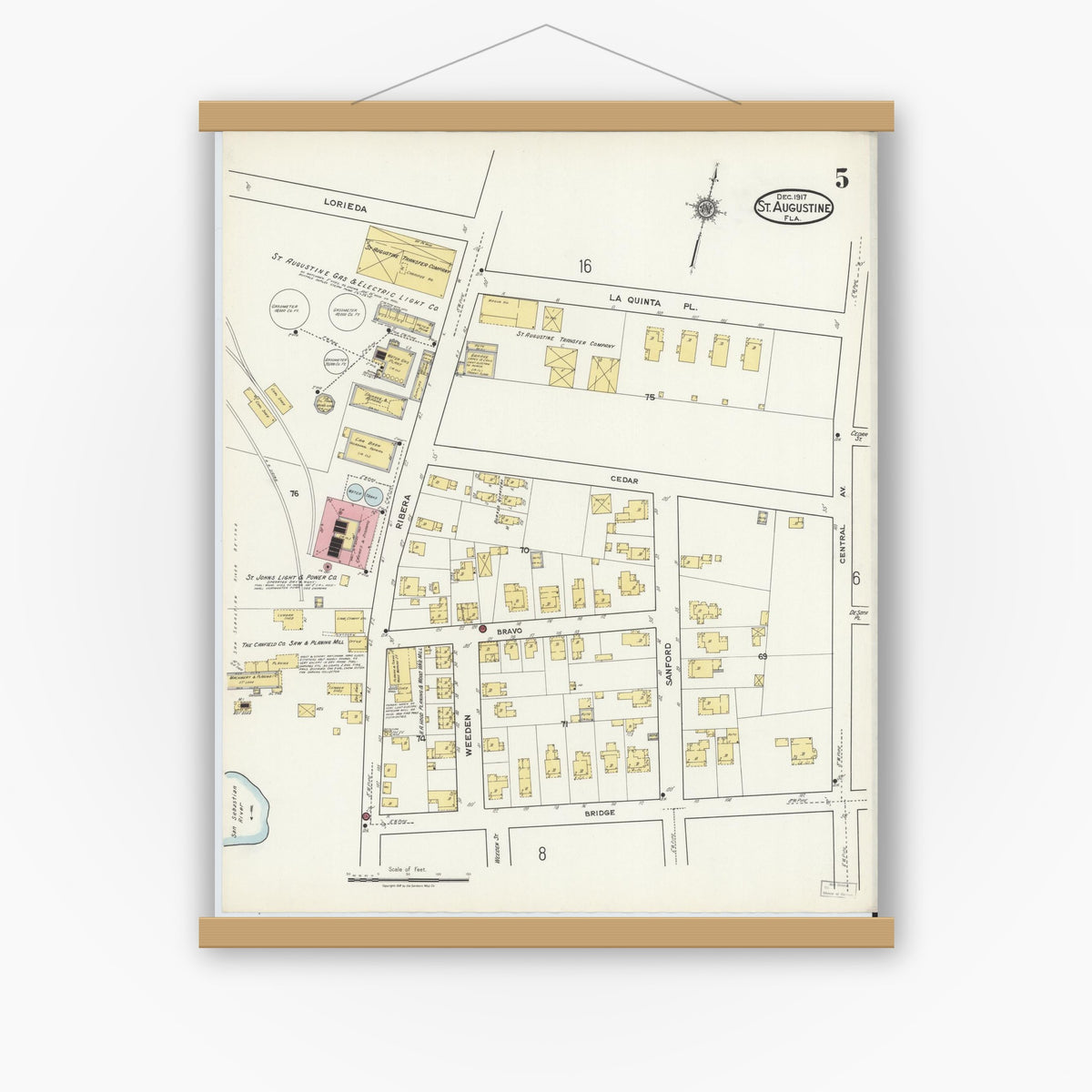 Old map wall art mockup — magnetic wood frame on white wall — Sanborn Fire Insurance Map from Saint Augustine, Saint John's County, Florida (1917), Sheet #0005