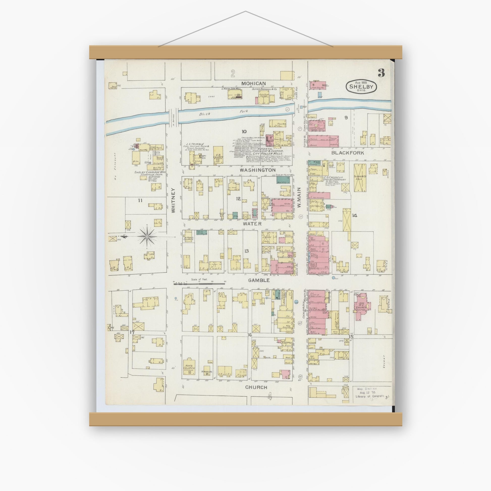 Old map wall art mockup — magnetic wood frame on white wall — Sanborn Fire Insurance Map from Shelby, Richland County, Ohio (1893), Sheet #0003