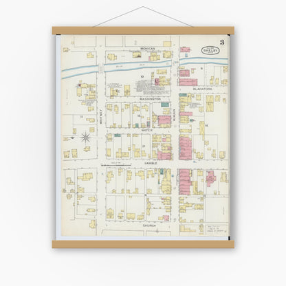 Old map wall art mockup — magnetic wood frame on white wall — Sanborn Fire Insurance Map from Shelby, Richland County, Ohio (1893), Sheet #0003