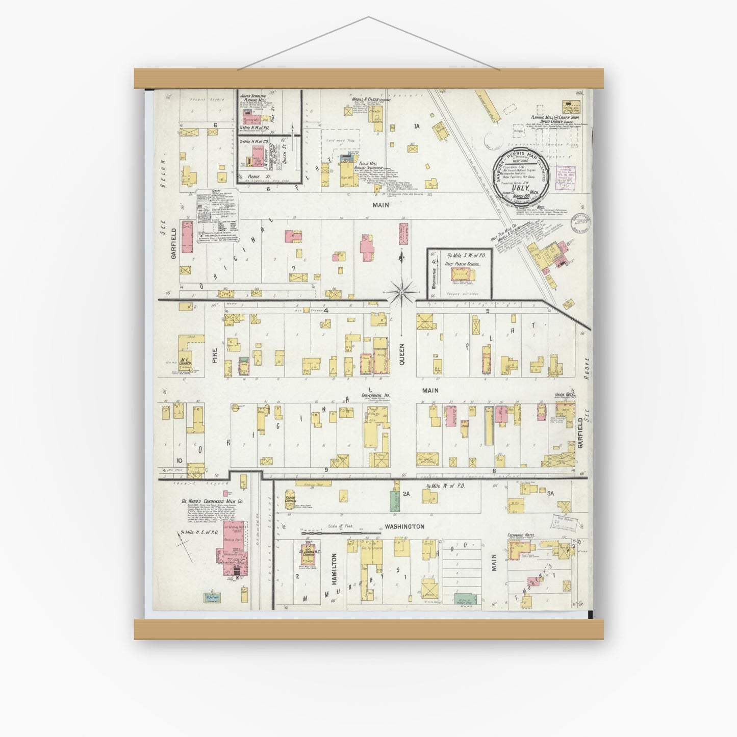 Old map wall art mockup — magnetic wood frame on white wall — Sanborn Fire Insurance Map from Ubly, Huron County, Michigan (1901), Sheet #0001