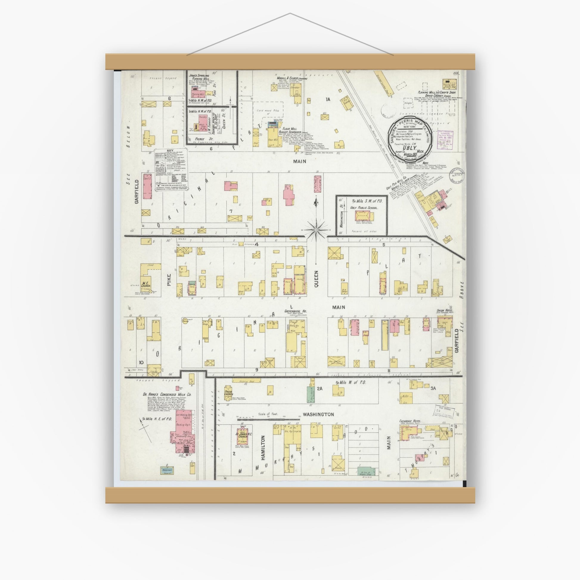 Old map wall art mockup — magnetic wood frame on white wall — Sanborn Fire Insurance Map from Ubly, Huron County, Michigan (1901), Sheet #0001
