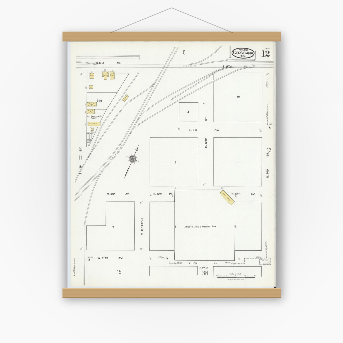 Old map wall art mockup — magnetic wood frame on white wall — Sanborn Fire Insurance Map from Corsicana, Navarro County, Texas (1921), Sheet #0012