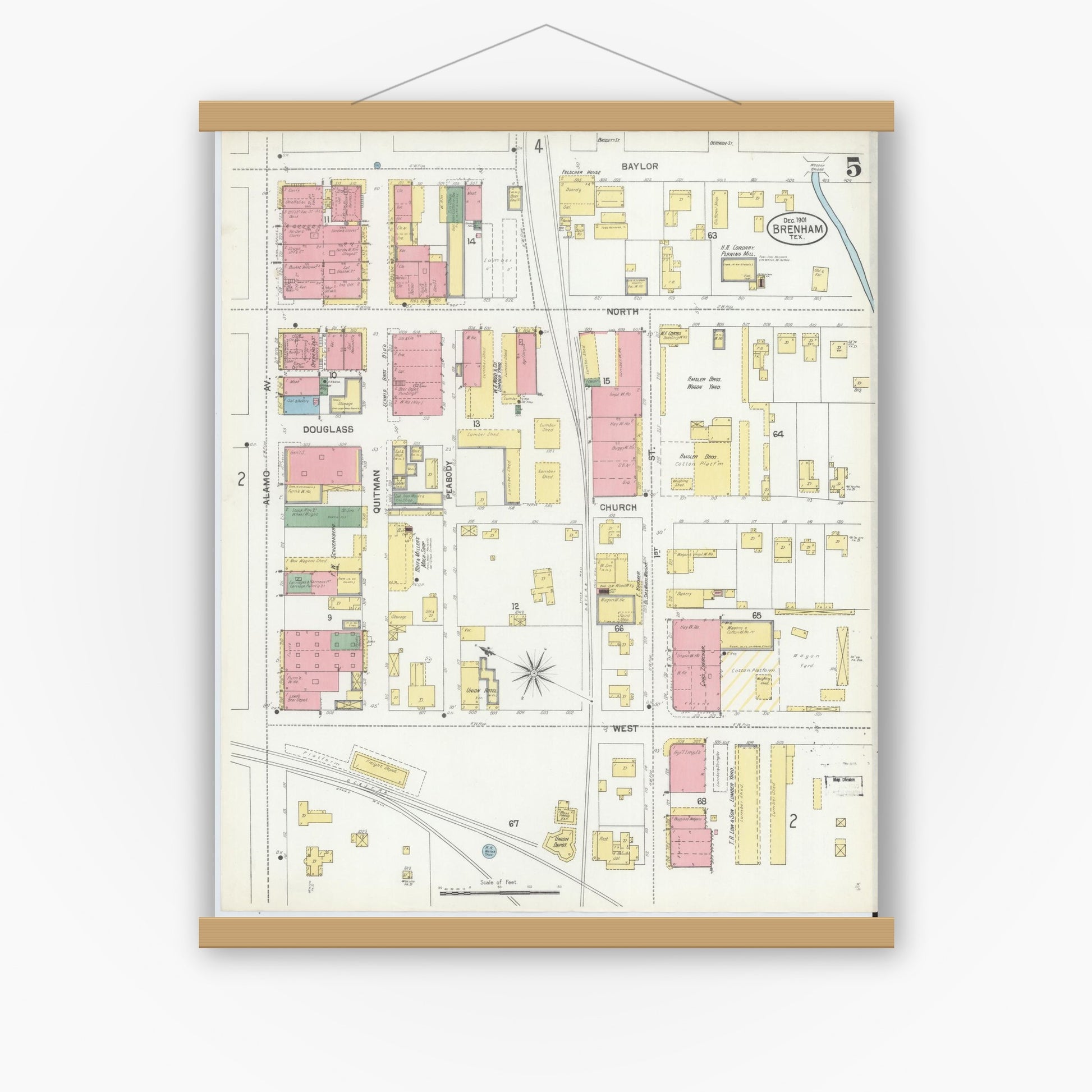 Old map wall art mockup — magnetic wood frame on white wall — Sanborn Fire Insurance Map from Brenham, Washington County, Texas (1901), Sheet #0005