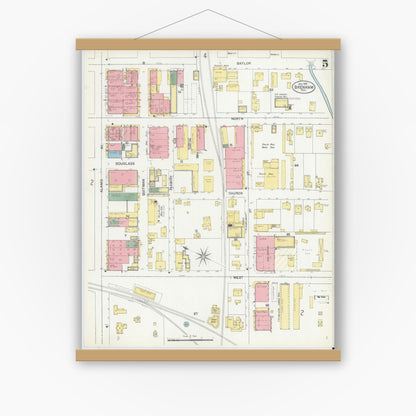 Old map wall art mockup — magnetic wood frame on white wall — Sanborn Fire Insurance Map from Brenham, Washington County, Texas (1901), Sheet #0005