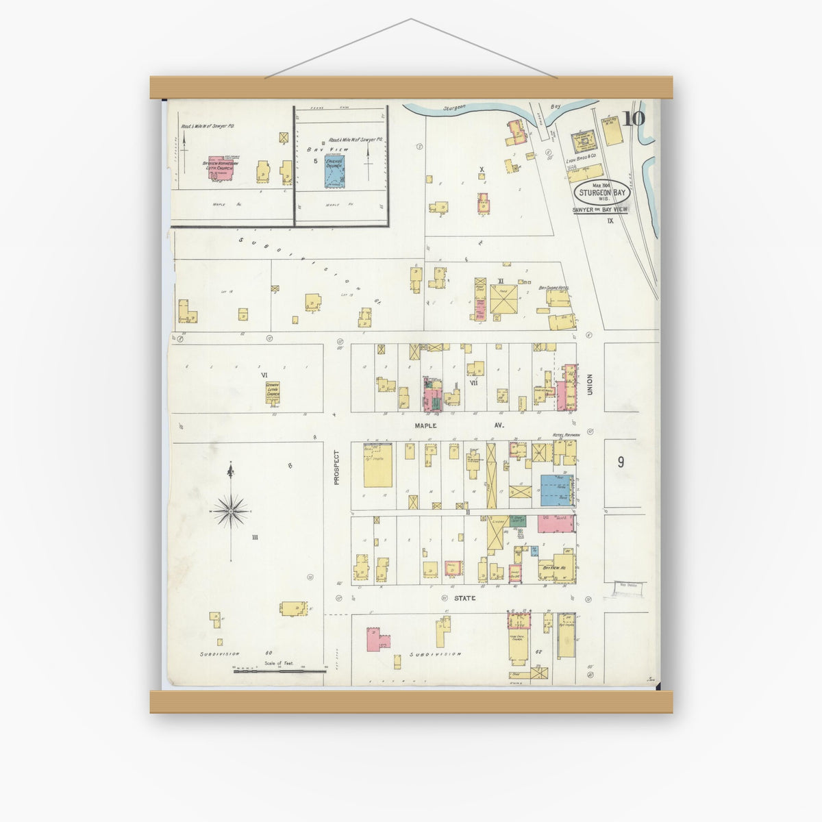 Old map wall art mockup — magnetic wood frame on white wall — Sanborn Fire Insurance Map from Sturgeon Bay, Door County, Wisconsin (1904), Sheet #0010