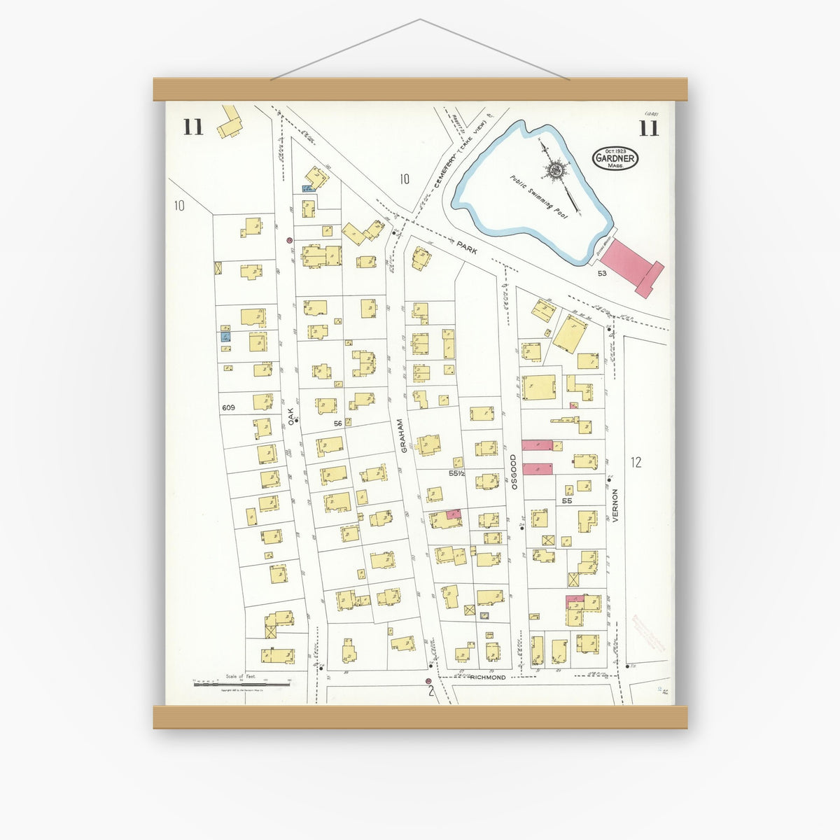 Old map wall art mockup — magnetic wood frame on white wall — Sanborn Fire Insurance Map from Gardner, Worcester County, Massachusetts (1923), Sheet #0011