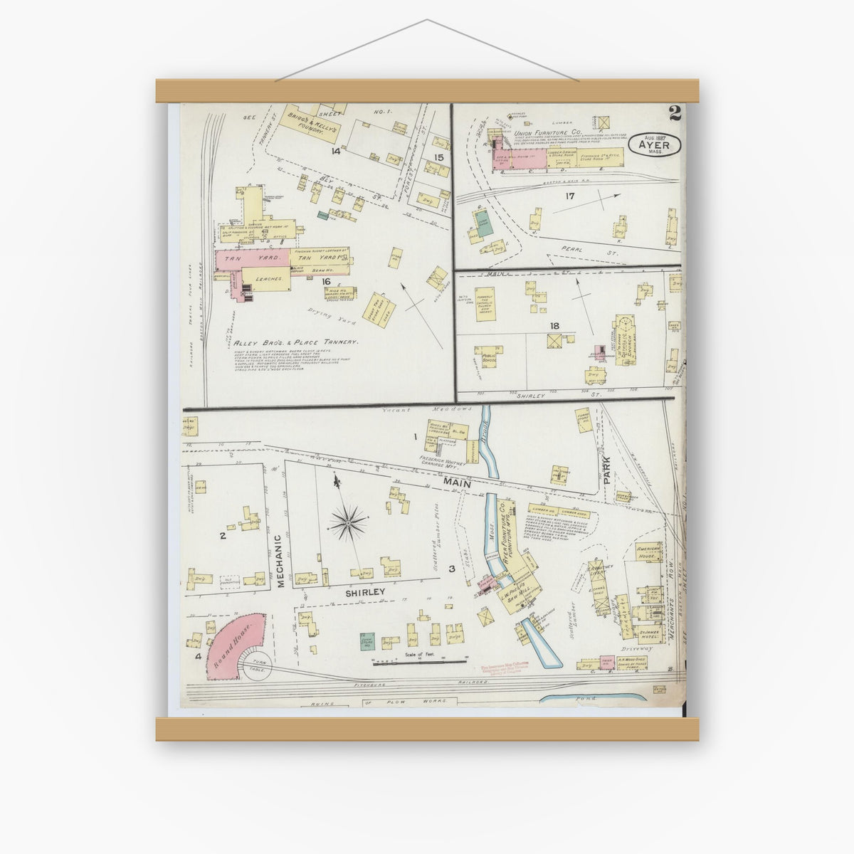 Old map wall art mockup — magnetic wood frame on white wall — Sanborn Fire Insurance Map from Ayer, Middlesex County, Massachusetts (1887), Sheet #0002