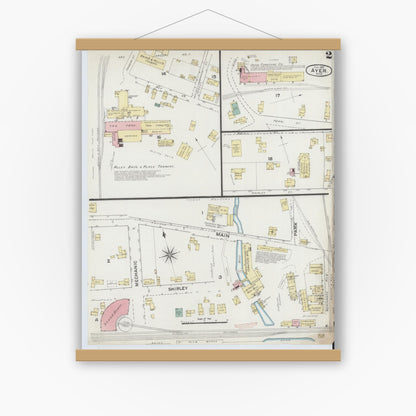 Old map wall art mockup — magnetic wood frame on white wall — Sanborn Fire Insurance Map from Ayer, Middlesex County, Massachusetts (1887), Sheet #0002