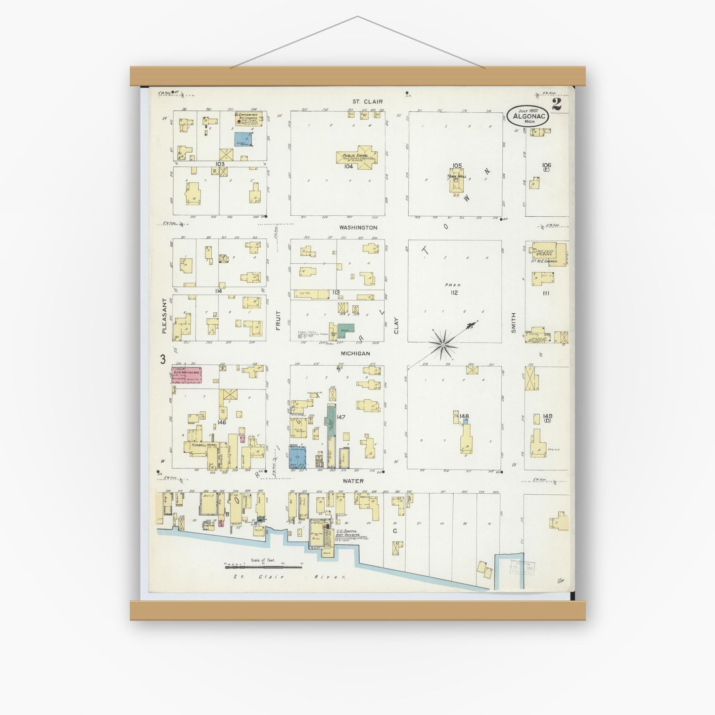Old map wall art mockup — magnetic wood frame on white wall — Sanborn Fire Insurance Map from Algonac, Saint Clair County, Michigan (1907), Sheet #0002