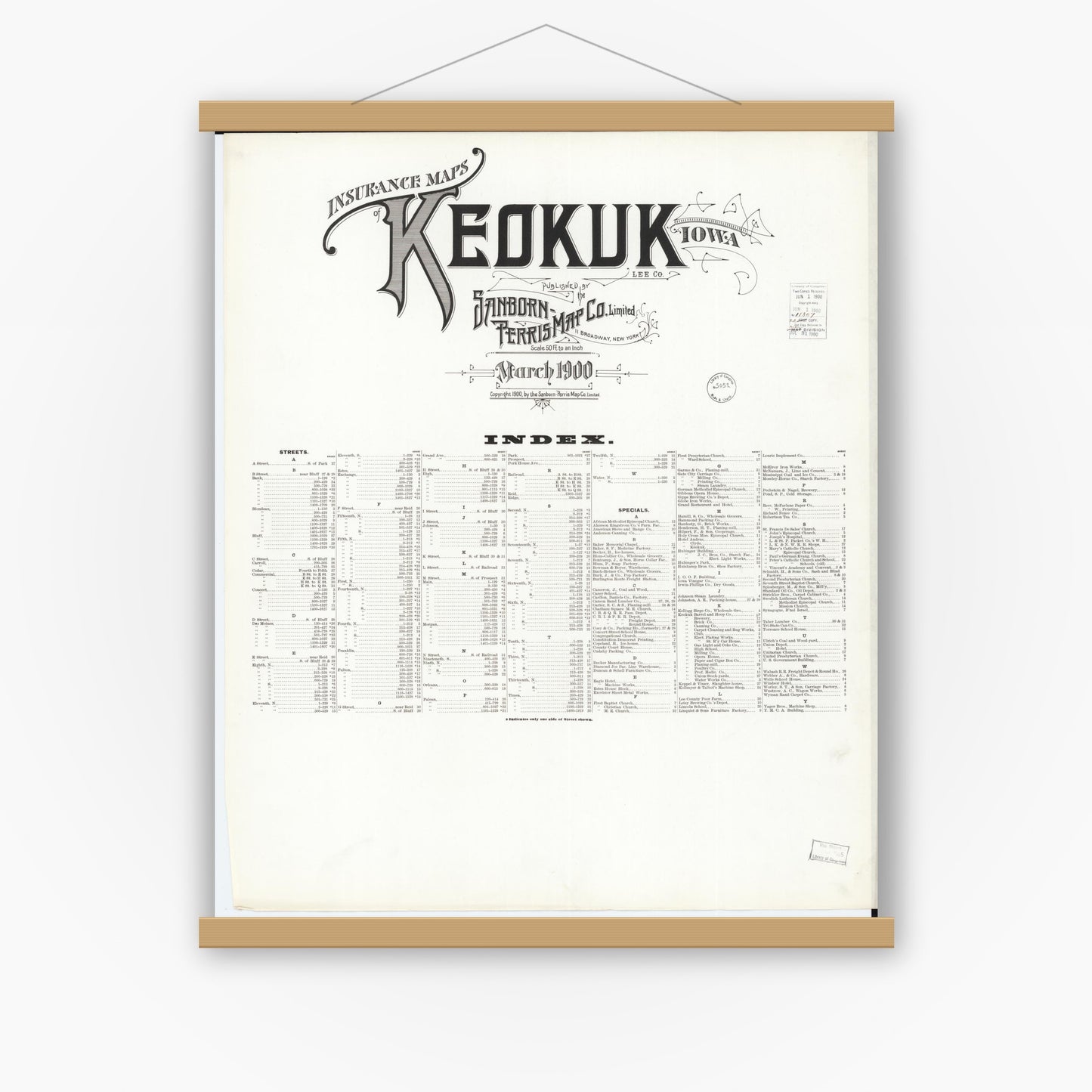 Old map wall art mockup — magnetic wood frame on white wall — Sanborn Fire Insurance Map from Keokuk, Lee County, Iowa (1900), Sheet #0001