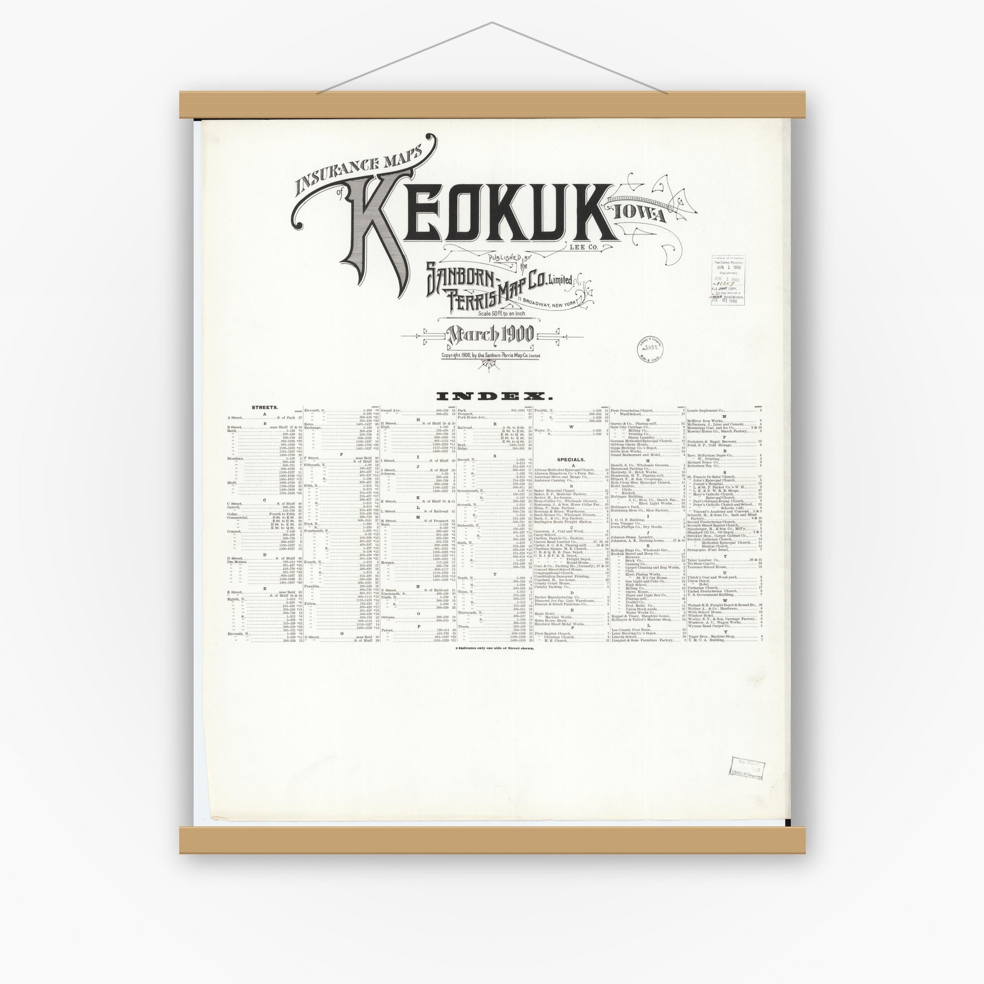 Old map wall art mockup — magnetic wood frame on white wall — Sanborn Fire Insurance Map from Keokuk, Lee County, Iowa (1900), Sheet #0001