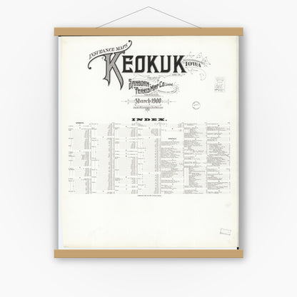 Old map wall art mockup — magnetic wood frame on white wall — Sanborn Fire Insurance Map from Keokuk, Lee County, Iowa (1900), Sheet #0001