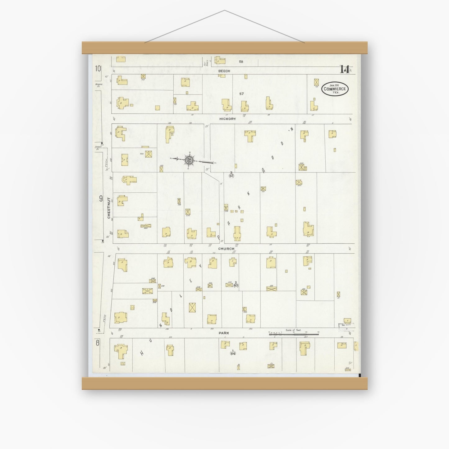 Old map wall art mockup — magnetic wood frame on white wall — Sanborn Fire Insurance Map from Commerce, Hunt County, Texas (1911), Sheet #0014