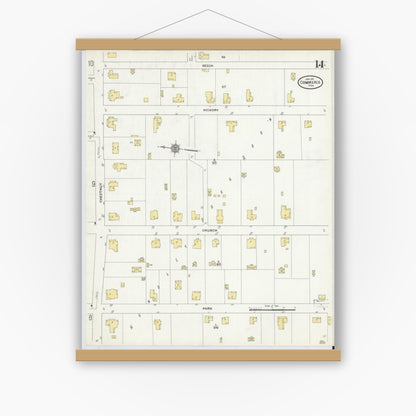 Old map wall art mockup — magnetic wood frame on white wall — Sanborn Fire Insurance Map from Commerce, Hunt County, Texas (1911), Sheet #0014