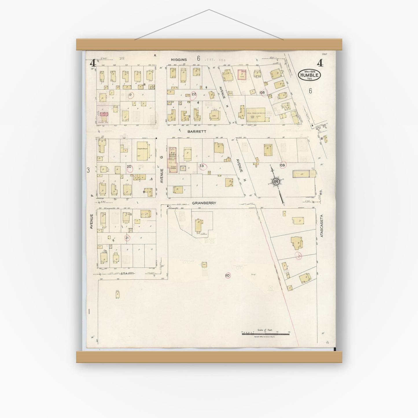 Old map wall art mockup — magnetic wood frame on white wall — Sanborn Fire Insurance Map from Humble, Harris County, Texas (1940), Sheet #0004