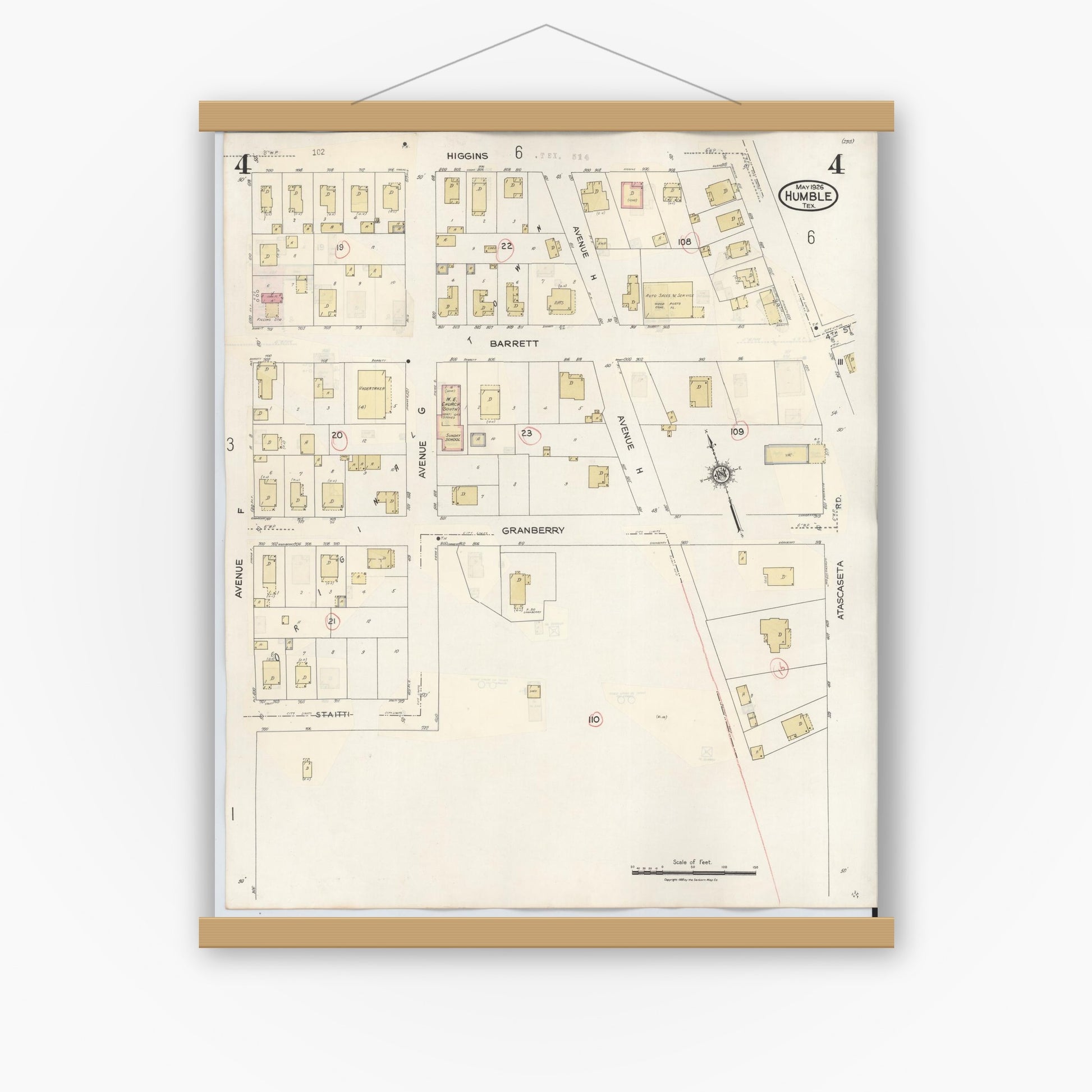 Old map wall art mockup — magnetic wood frame on white wall — Sanborn Fire Insurance Map from Humble, Harris County, Texas (1940), Sheet #0004